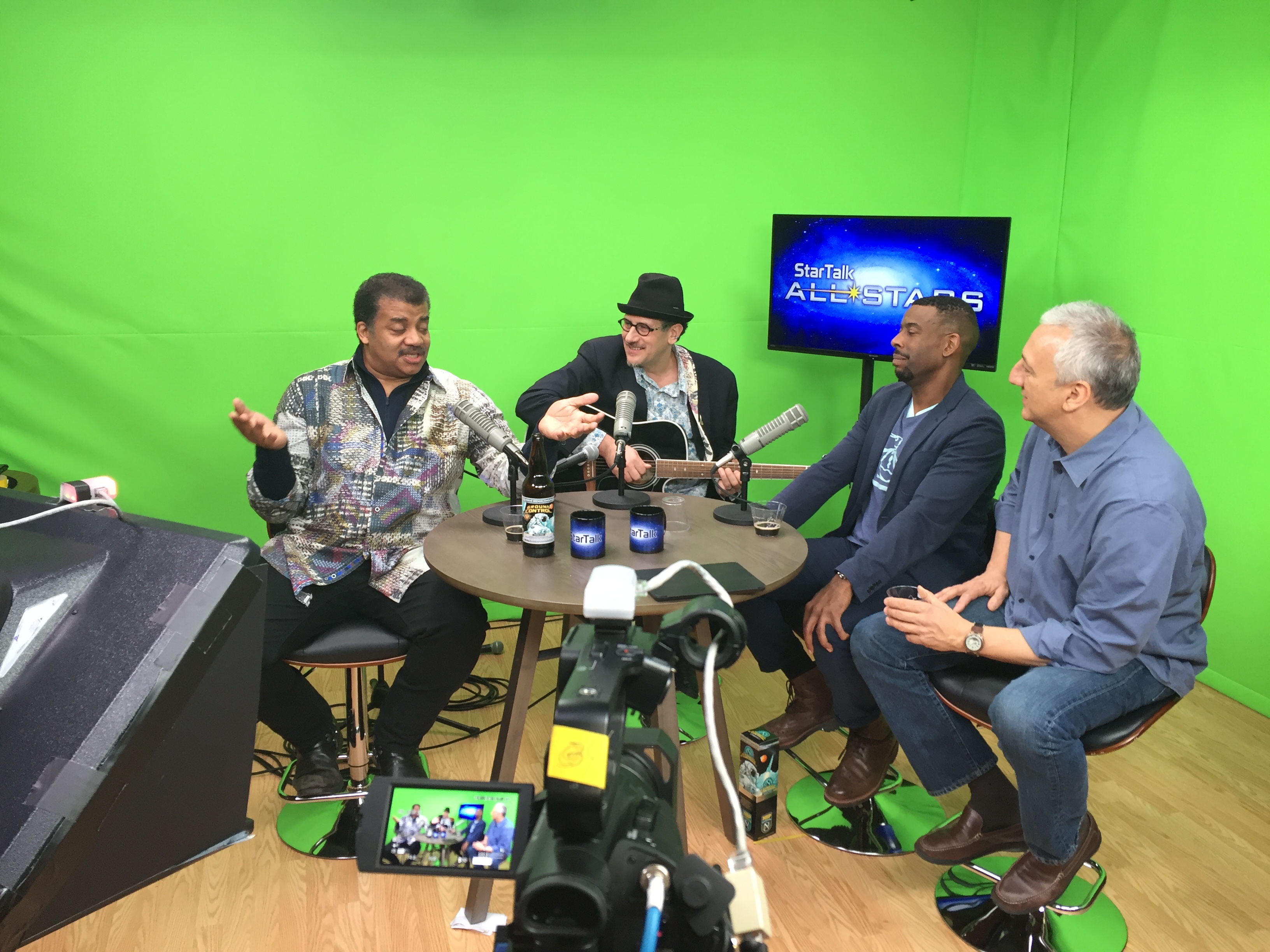 Late night StarTalk All-Stars podcasting with (L-R) Neil deGrasse Tyson, Dr Grinspoon, Chuck Nice and Mike Massimino (astronaut!!)